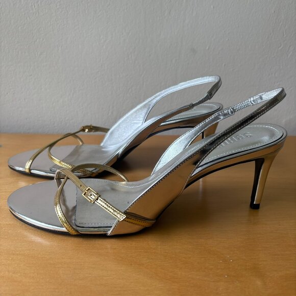 Schutz Cassie Mid Stiletto Heel Sling Back Sandal Silver & Gold Metallic - Picture 6 of 6